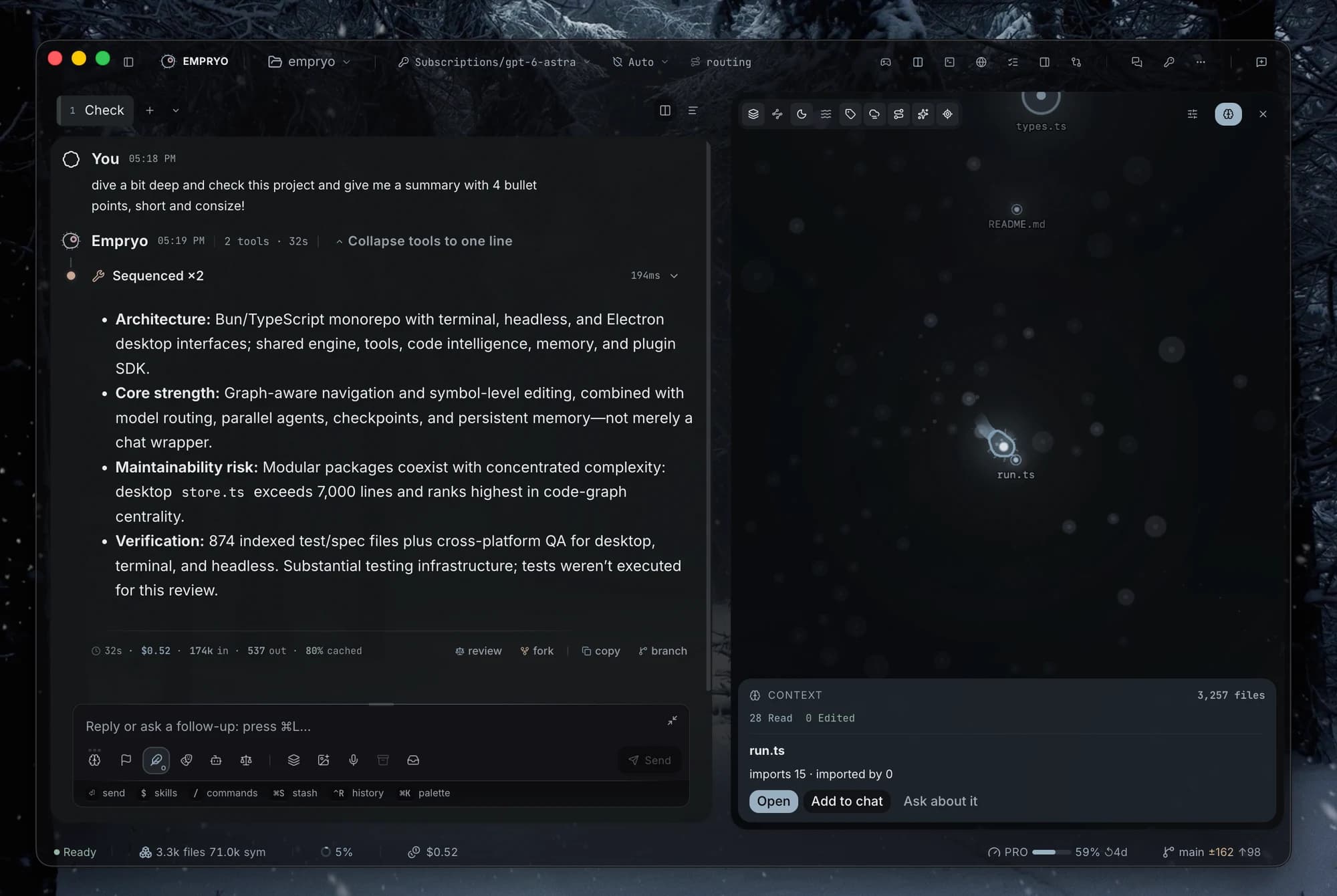 Empryo desktop with a project conversation beside the code graph