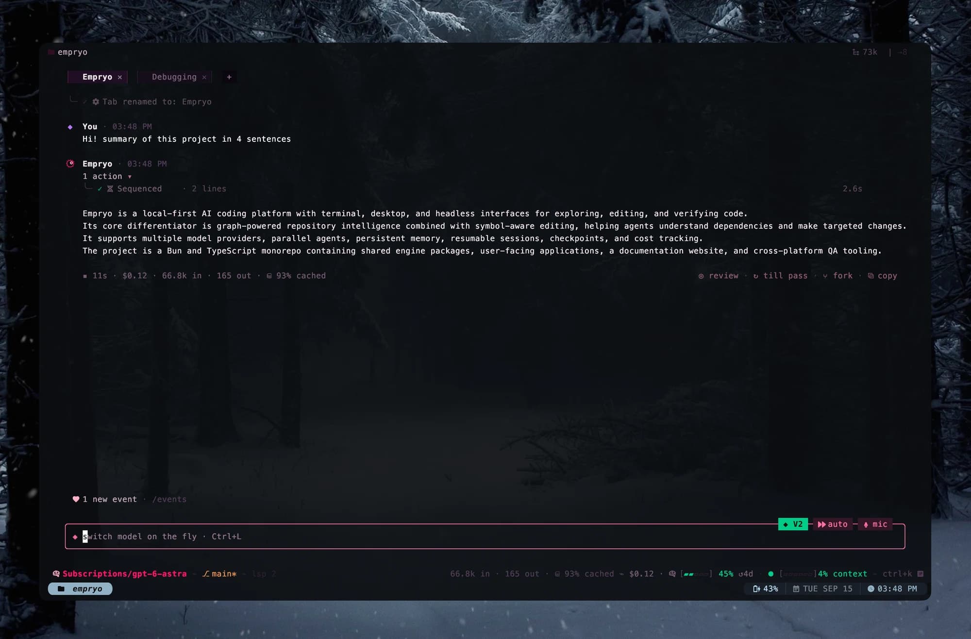 A repository summary in the Empryo terminal interface