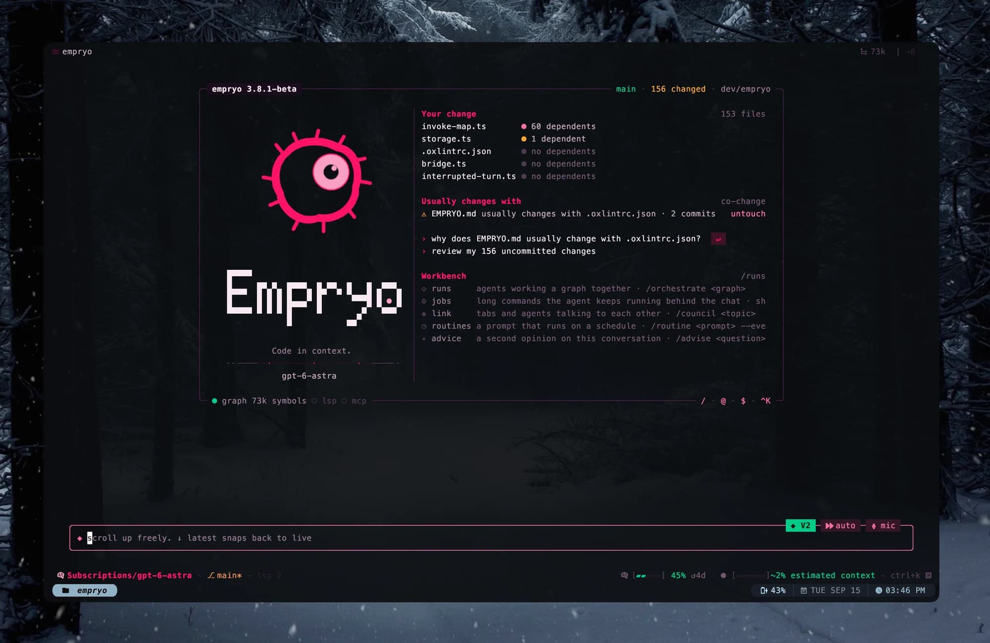 Empryo terminal workspace with repository changes and dependent files